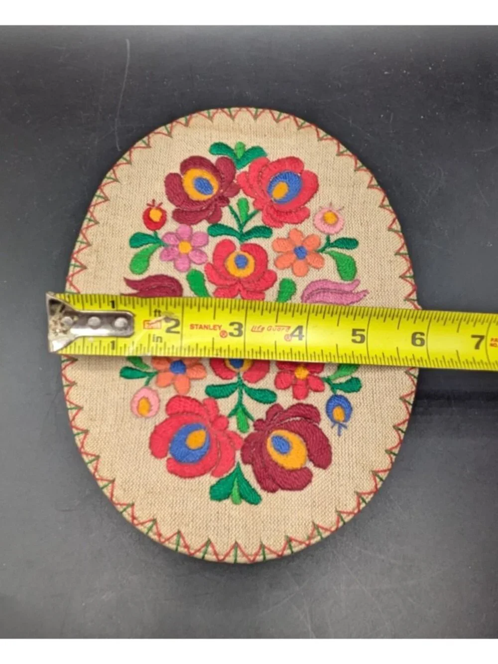 Vintage Embroidered Fabric Jewelry Trinket Box Oval Floral Handmade Germany 8